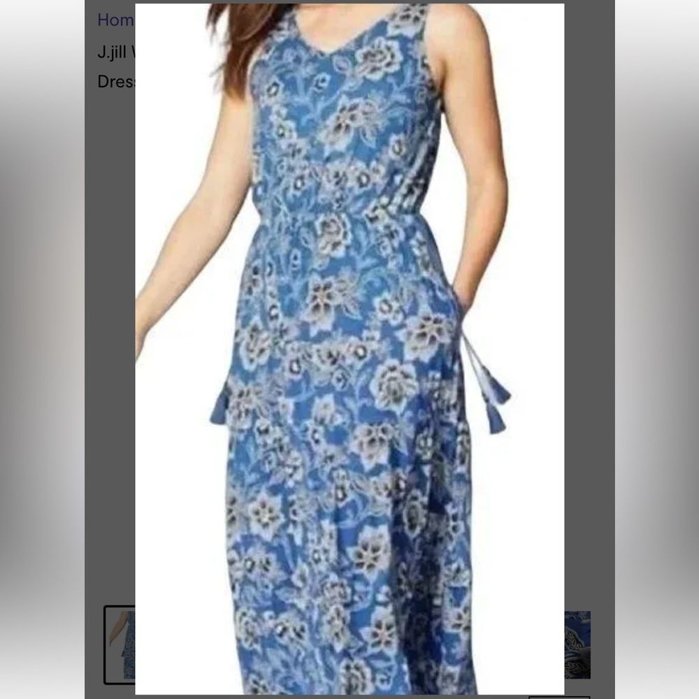 J.Jill Women Blue Floral Tassel Tie Waist Sleeveless Midi Maxi Dress Size XS!